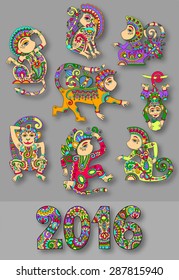 set of different colors decorative monkey - chinese symbol 2016 lunar new years and inscription, you can use for poster, greeting card, celebration design or web decoration, vector illustration