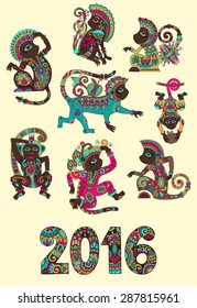 set of different colors decorative monkey - chinese symbol 2016 lunar new years and inscription, you can use for poster, greeting card, celebration design or web decoration, vector illustration