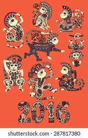 set of different colors decorative monkey - chinese symbol 2016 lunar new years and inscription, you can use for poster, greeting card, celebration design or web decoration, vector illustration