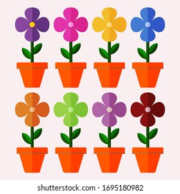 Montaje de diferentes colores flores en macetas. Diseño de vectores