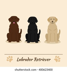 Set of different colors of Labrador Retriever: black, fawn, brown. Vector Illustration of three sitting dogs. Cartoon characters. 