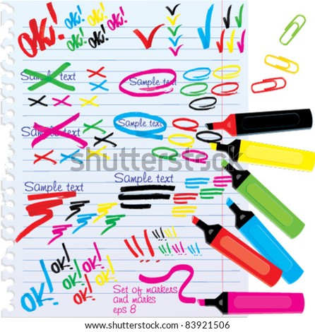 Set of different colors markers and marks