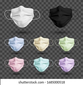 Set of different colors medical mask or protective face mask. To protect coronavirus and infection. Medical mask isolated on transparent background. Realistic vector illustration