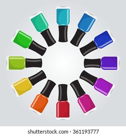 Set of different colors nail polish bottles in a circle shape. Vector illustration