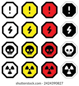 Conjunto de diferentes colores iconos de octágono alarma nuclear radiactiva voltaje eléctrico advertencia símbolo de peligro alerta peligro peligro peligro tráfico vector diseño plano para sitio web móvil aislado blanco Fondo