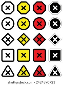 Establecer diferentes colores formas atención cruzando x detener el tráfico advertencia precaución símbolo aislado símbolo de la señal de peligro insignia de la carretera marca vector diseño plano para el sitio web móvil aislado blanco Fondo