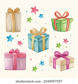 Set of different colors and sizes presents for birthday card, perfect for celebration designs, gift wrapping, and festive decorations.