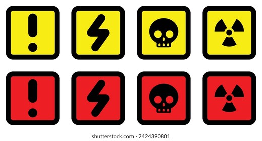 Setzen Sie verschiedene Farben quadratische Symbole Radioaktive nukleare Warnung Elektrische Spannung Warnung Gefahr Symbol Vorsicht Gefahr Verkehrsvektor Flaches Design für Website Mobile Isolated White Hintergrund