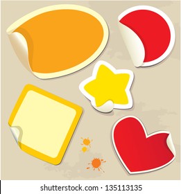 Set of different colors stickers with twisted corners - oval, round, square, star and heart