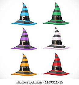 Set of different colors striped witch hat with a leather belt and shiny buckle isolated on white background