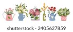 A set of different Colors in vases. Hydrangea, tulips, poppies. A cage and teapots. Vintage, retro. Vector, flat, cartoon illustration