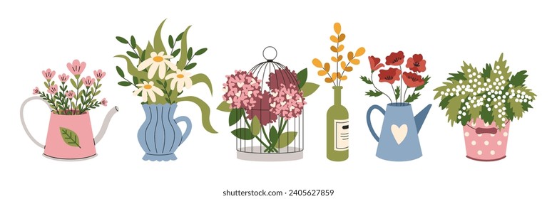 A set of different Colors in vases. Hydrangea, tulips, poppies. A cage and teapots. Vintage, retro. Vector, flat, cartoon illustration