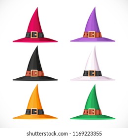 Set of different colors witch hat with a leather belt and shiny buckle isolated on white background