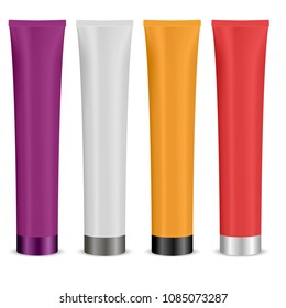 Set of different colour Cosmetic tubes. Vector illustration. Mockup package for cream, paste, skin care products isolated on white background. 