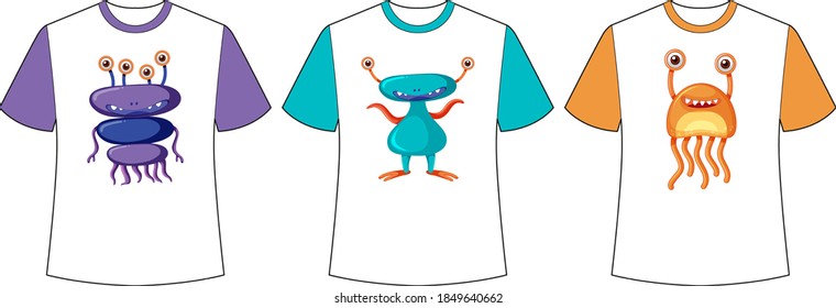 Set of different colour cute monsters or aliens screen on t-shirts illustration