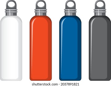 Set of different colour metal water bottles isolated illustration