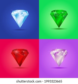 Set of different colour vector gemstones, on different backgrounds