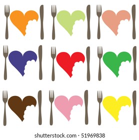 A set of different coloured icons depicting love food