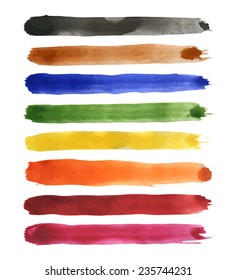 Set Of Different Coloured Strips Of Watercolor: Scarlet, Red, Orange, Yellow, Green, Blue, Brown, Black. Vector Illustration. 