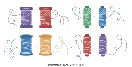 Set of different colourful icons with threads on bobbin (wooden, metal), spool of thread, floss. Perfect for tailors, sewers, dressmakers. Vector flat illustration. Isolated on white bg.