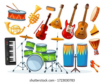 Set of different colourful musical instrument vector illustration. Equipment for talented musician flat style. Guitar piano drums. Music and hobby concept. Isolated on white background
