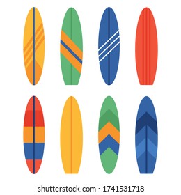 Set of different colourful surfboards. Summer surfing. Vector illustration