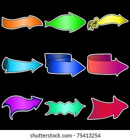 Set of different colourful vector arrows on a black background