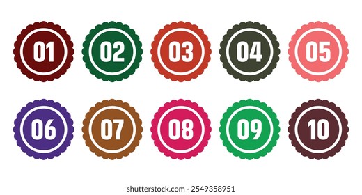 Set of different colours bullet points. Bullet points numbers from one to ten.
