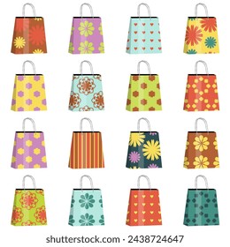 Set with different colours and ornament paper packet scrapbook collection on white isolated clipart 