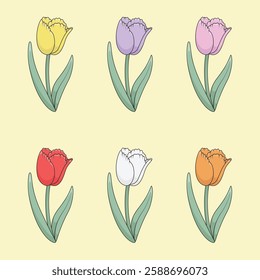 Set of Different Colours Tulips. Spring Tulip Flowers Vector Illustration. 