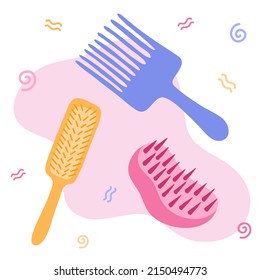 Ajuste con diferentes peines para el método Curly Girl. Accesorios de belleza para el cuidado y el pelo frívolo. Accesorios adecuados para el tratamiento sano del pelo ondulado, ondulado. Lindo, brillante. Vector dibujado a mano