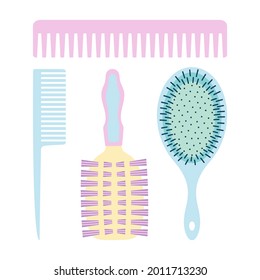 conjunto de diferentes peines aislados en fondo blanco, pinceles de pelo de dibujos animados, ilustración vectorial, herramientas de accesorios de peluquería