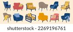 Set of different comfortable armchairs in scandinavian style. Soft modern furniture for cozy home interior. Hand drawn vector illustration isolated on light background, trendy flat cartoon style.