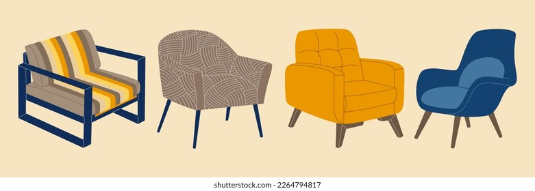 Dispone de diferentes sillones cómodos de estilo escandinavo. Muebles modernos y suaves para una decoración acogedora. Ilustración vectorial de color dibujada a mano aislada en el fondo de la luz, estilo de dibujo plano.