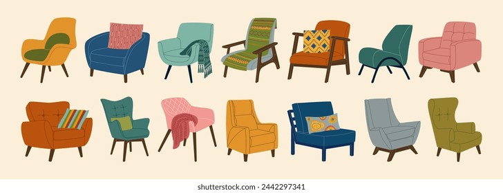 Set of different comfortable armchairs in scandinavian style. Soft modern furniture for cozy home interior. Hand drawn vector illustration isolated on light background, flat cartoon style.