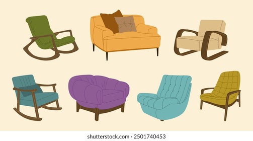 Conjunto de diferentes sillones cómodos en estilo escandinavo. Muebles modernos suaves para el interior acogedor del hogar. Ilustración vectorial dibujada a mano aislada sobre fondo claro, estilo plano de la historieta.