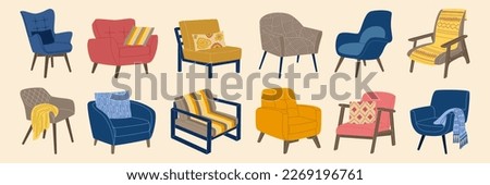 Set of different comfortable armchairs in scandinavian style. Soft modern furniture for cozy home interior. Hand drawn vector illustration isolated on light background, trendy flat cartoon style.