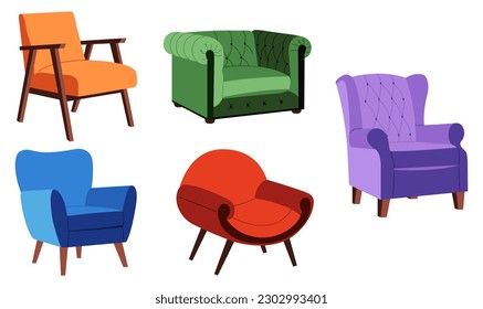 Set of different comfortable armchairs with upholstery. Modern furniture for cozy home interior design. Flat vector illustration.