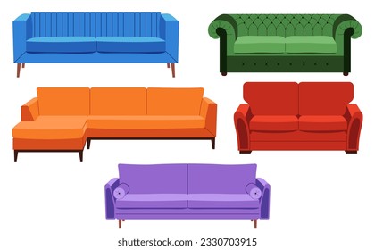 Set of different comfortable couches with upholstery. Modern furniture for cozy home interior design. Flat vector illustration.