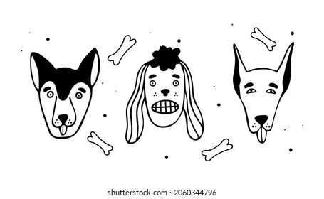 Set with different comic heads of dogs. Vector illustration in doodle style.