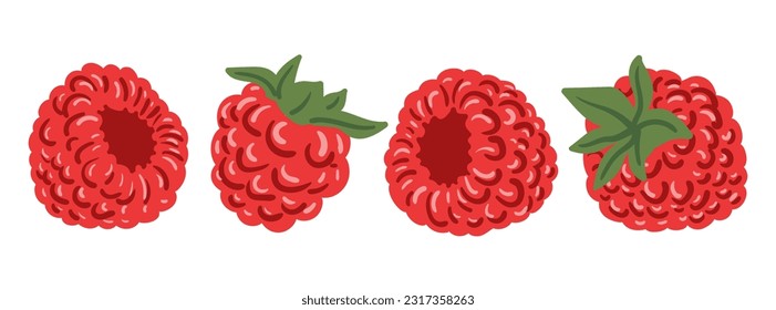 Set of different composition of raspberries. Raspberry isolated on white. Raspberry berry collection flat cartoon illustration