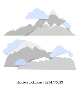 Set of different compositions of gray mountains with blue clouds