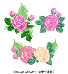 A set of different compositions with roses, buds, leaves and fern branches. Hand-drawn vector floral illustration.