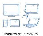 Set with different computer and mobile device icons as tablet, laptop, mobile phone and display, screen. Hand drawn line art cartoon vector illustration.