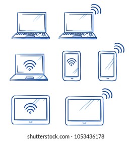 Definido com diferentes computadores e dispositivos móveis como telefone, tablet, laptop, com ícones wi-fi. Desenho à mão desenho desenho desenho animado ilustração vetorial.