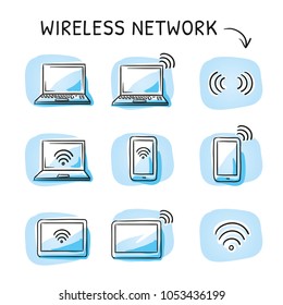 Set with different computer and mobile device as phone, tablet, laptop, with wi-fi icons.  Hand drawn sketch vector illustration, blue marker style coloring on single blue tiles.