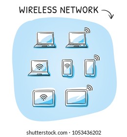 Set with different computer and mobile device as phone, tablet, laptop, with wi-fi icons.  Hand drawn sketch vector illustration, blue marker style coloring on blue background.