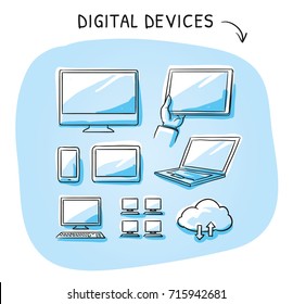 Set With Different Computer And Mobile Device Icons As Phone, Tablet, Laptop, Server, Desktop, Cloud. Hand Drawn Sketch Vector Illustration, Blue Marker Style Coloring On Single Blue Tiles.
