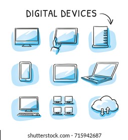 Set With Different Computer And Mobile Device Icons As Phone, Tablet, Laptop, Server, Desktop, Cloud. Hand Drawn Sketch Vector Illustration, Blue Marker Style Coloring On Single Blue Tiles.
