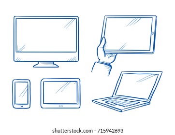 Set with different computer and mobile device icons as tablet, laptop, mobile phone and display, screen. Hand drawn line art cartoon vector illustration.